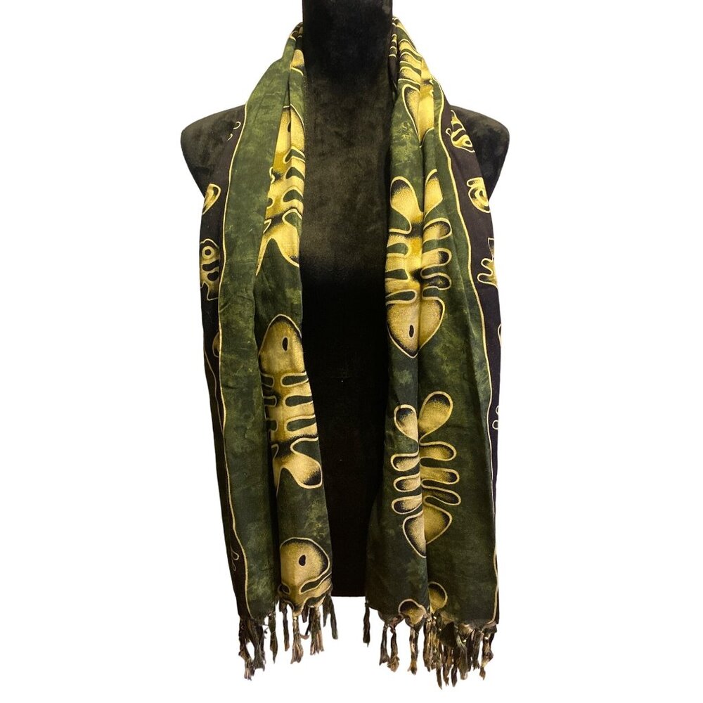 Rayon Scarf  Multi Wear  Fish Pattern Free Size Sarong Green Fall Color Fringe